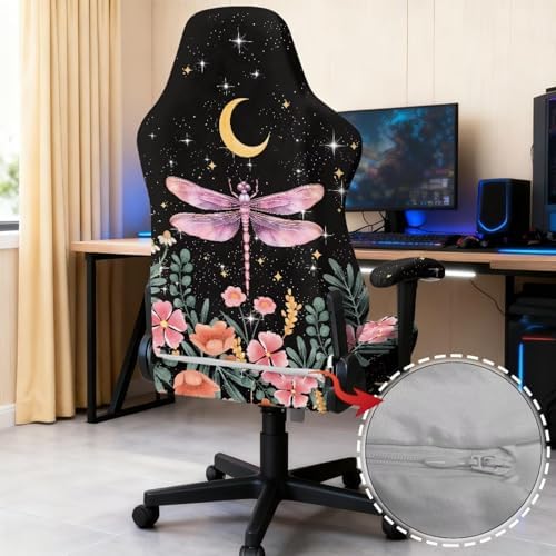 Dragonfly Floral Moon Print Gaming Chair Cover with Armrest Covers Stretchable Stain Resistant Furniture Protector Soft Reclining Racing Gaming Chair