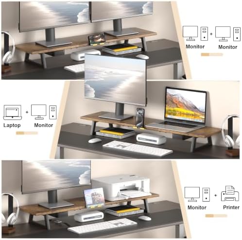 TEAMIX 39.4 inch Dual Monitor Stand Riser with Drawer & Phone Holder, Brown
