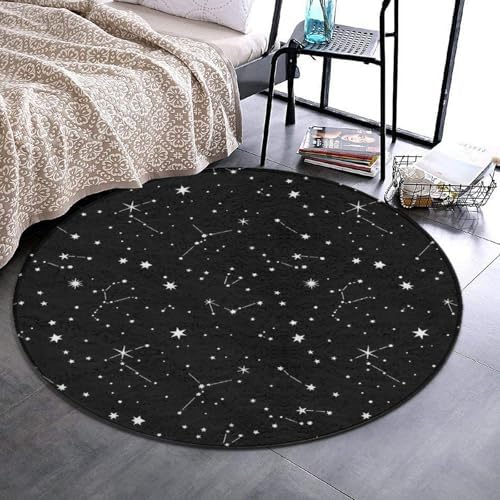 Large Home Decor Mat, Soft Round Yoga Carpet, Non-Slip Machine Washable Kitchen Office Circle Rug Compatible with Zodiac Constellation Galaxy Black Starry Night Stars Glow Dark Midnight
