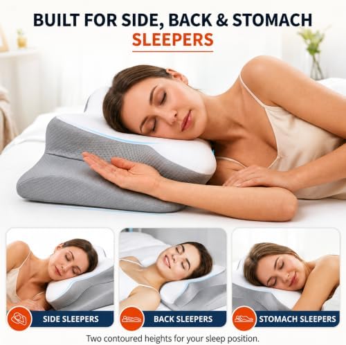 Cervical Neck Pillow for Pain Relief, Memory Foam Contoured Orthopedic Pillow for Sleeping, Dual Height 5.5/3.7 Neck Shoulder Arm Support – Ergonomic Cooling Pillow Side Back Stomach Sleepers
