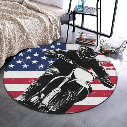 Soft Round Yoga Carpet, Office Chair Decor Round Mat for Carpet and Hardwood Floors Dirt Bike Motocross American Flag