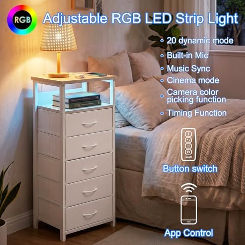 Fixwal Night Stand with Charging Station, White Led Nightstand, 5 Drawers