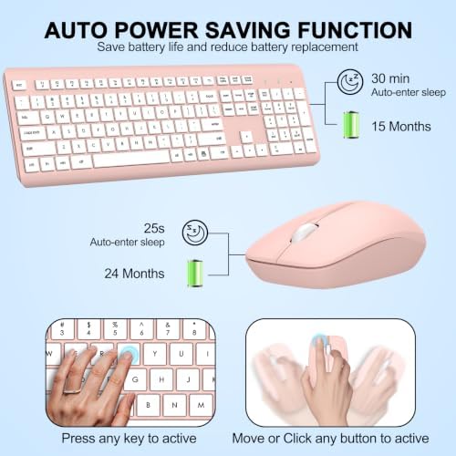 Wireless Keyboard and Mouse Combo, Full-Size Silent Ergonomic Keyboard and Optical Mouse, Long Battery Life, 2.4G Lag-Free Mice Keyboard for Computer,Mac,Laptop,PC,Windows(White Pink)
