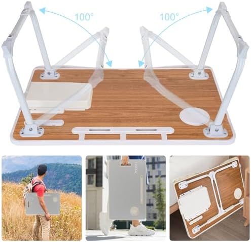 Laptop Bed Table, Laptop Desk for Bed, Foldable Laptop Bed Desk with USB Charge Port, Handle, Desktop Card Slot, Cup Slot, Side Drawer, Portable Laptop Table for Bed Eating Reading Working