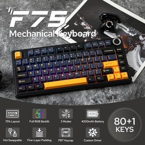 EPOMAKER x Aula F75 Gasket Mechanical Keyboard, 75% Wireless Hot Swappable Gaming Keyboard with Five-Layer Padding&Knob, BT/2.4GHz/USB-C, RGB (Black, Ice Vein Switch)