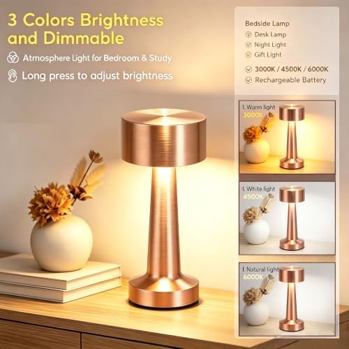 HPUFKOT Portable LED Table Lamp, 3-Levels Brightness Metal Desk Lamp,3 Color Touch Control Rechargeable Lamp, Ideal Bedside Lamp for Nightstand,Bedroom, Living Room (Rose Gold)