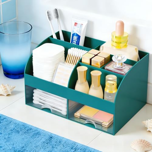 Makeup Organizer with 2 Drawers, Cosmetic Storage for Dresser Vanity and Bathroom Countertop,Make up organization and Skincare Storage with Beauty Brush Holder, Cosmetic Display Case (Dark Green)