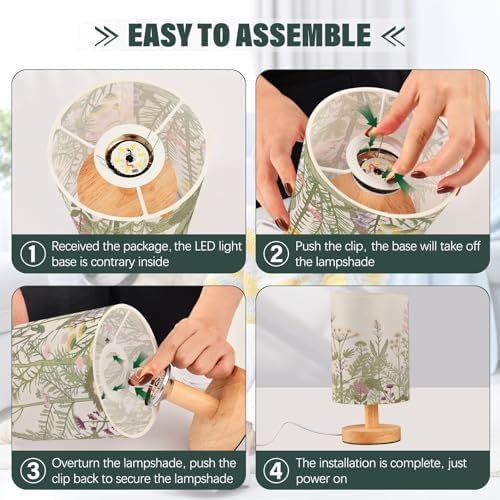 Bedside Lamp Flowers Herbs Wildflowers Botanical Table Lamp for Bedroom LED Nightstand Lamp Shade USB Ports Wood Base for Living Room Dorm Office