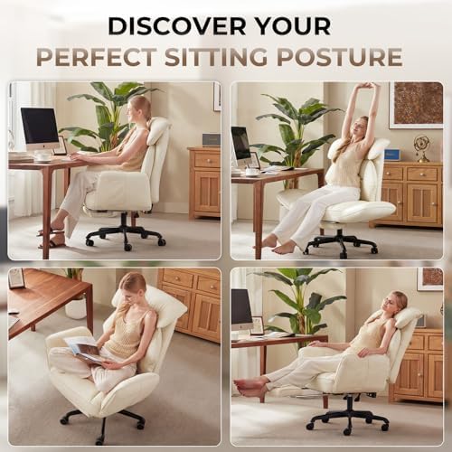 Dowinx Cross Legged Office Chair with Pivoting Armrests,Criss Cross Chair with Pocket Spring Seat & Back,Reclining Computer Gaming Chair with Footrest and Metal Base (Cream)