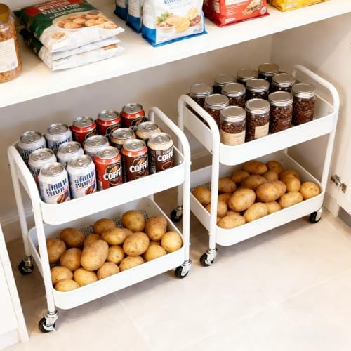 2 Pack Two Tier Rolling Cart with Wheels Small Pantry Floor Organizer Under Desk Storage Metal Short Utility Cart for Small Space, Kitchen Shelf Laundry Room Bathroom Organization, White