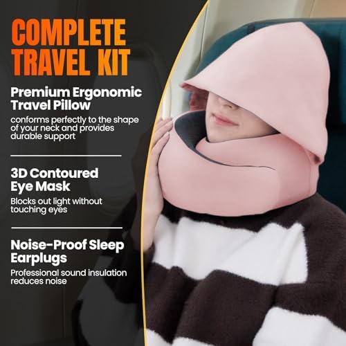 LOEXAIR™ Hooded Pro Travel Pillow - Memory Foam Neck Support Pillow for Airplane, Flight - Super-Soft Pure Cotton Fabric, Maximum Privacy & Light-Block Design, Lightweight Full Travel Kit- Sakura Pink