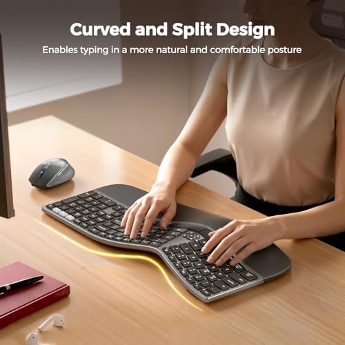 MEETION Ergonomic Keyboard and Mouse, Split Curved 2.4G/Bluetooth Keyboard