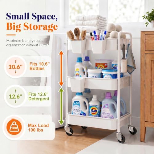 3 Tier Rolling Cart Metal with Wheels, White Three Tiered Carts on Wheels