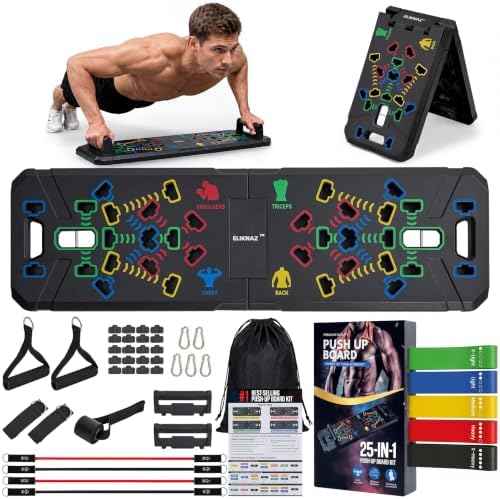 Portable Push Up Board Gym Kit 25-in-1, Foldable Push Up Station & Exercise Board Workout Set with 18 Accessories, Resistance Bands & Handles, Ankle Straps for Men, Women & Teens