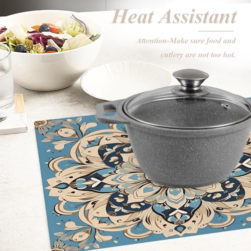 Shrahala Floral Intricate Set of 4 12 X 18 Inch Linen Placemats, Beautifully Detailed Flower Burlap Table Mat Washable Double Layered Heat Insulation for Indoor/Outdoor
