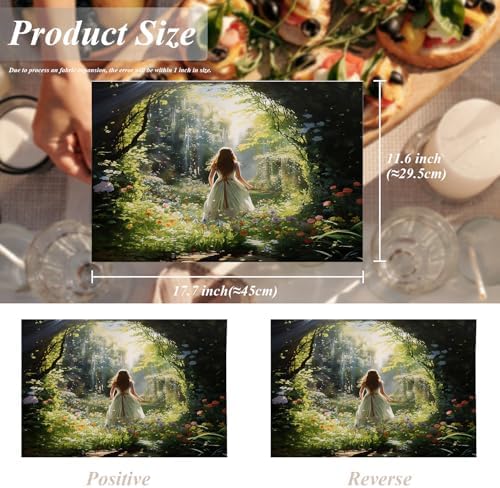 Shrahala Girl in Garden Vibrant Scene Set of 4 12 X 18 Inch Linen Placemats, Beautiful Natural Setting Burlap Table Mat Washable Double Layered Heat Insulation for Indoor/Outdoor
