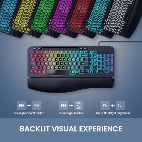 Ergonomic Keyboard, Wired Backlit Computer Keyboard with Wrist Rest, Black