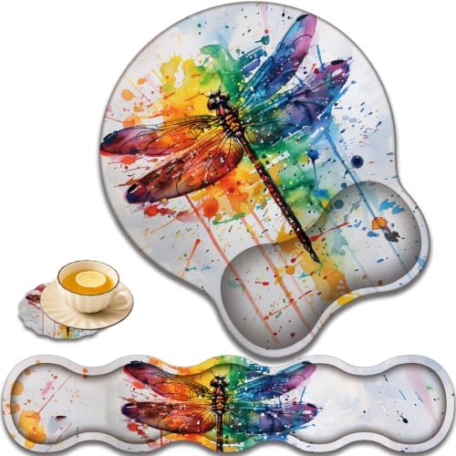 Ergonomic Keyboard Wrist Rest & Mouse Wrist Support Set with Lace Coaster, Gel Memory Foam Anti-Slip Base, Pain Relief for Typing, Watercolor Dragonfly