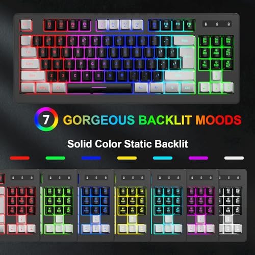 BlueFinger Wireless Gaming Keyboard and Mouse Combo, RGB Rainbow Backlit Rechargeable Battery, 87 Keys TKL Light Up Keyboard with Ergonomic Gaming Mouse for Mac Laptop Computer PC Gamer(White & Black)