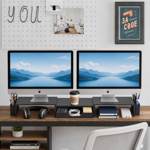 LEKETREE Dual Monitor Stand Riser with Drawer and 2 Pen Holders, Black