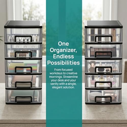Cabilock 5 Drawer Plastic Storage Organizer Clear Desktop Drawer Storage Cabinet for Office Study Bathroom Craft Supplies