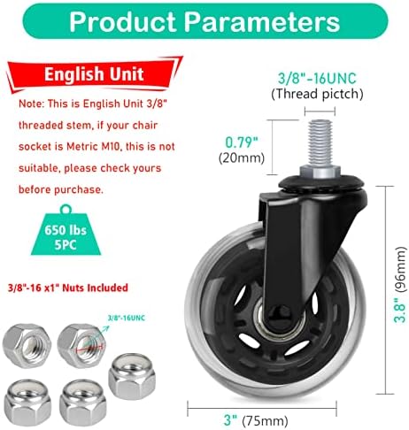 Hirate 3 inch Office Chair Casters Wheel with 3/8"-16UNC Threaded Stem