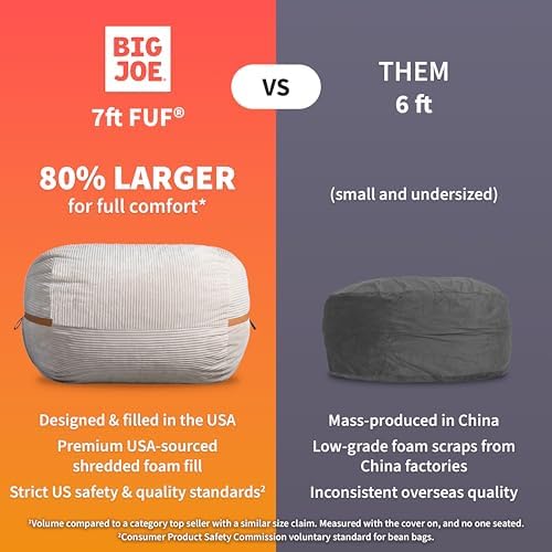 Big Joe Fuf 7Ft Giant Foam Bean Bag Chair, Oversized Couch with Removable Cover for Kids, Teens, Adults, Sandstone Textured Boucle, 7 Foot