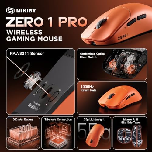 Zero1 Pro Wireless Mouse,Tri-Mode Gaming Mouse, 24K DPI Orange Mouse