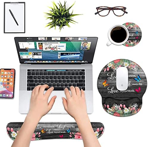 Keyboard Wrist Rest and Mouse Pad Wrist Support Set with Coasters, Ergonomic Gaming Mousepad Non-Slip PU Base for Home Office Working Studying Easy Typing & Pain Relief, Floral Quote Live Laugh Love
