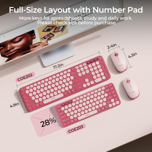 seenda COE202 Bluetooth Keyboard Mouse Combo, Retro Round Keys, Pink
