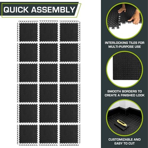 ProsourceFit Exercise Puzzle Mat 1/2-inch, EVA Interlocking Foam Floor Tiles for Home Gym, Workout Equipment, Kids Play Areas, Black, 72 SQ FT - 18 Tiles