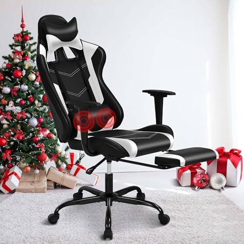 White Massage Gaming Chair with Footrest, PU Leather Gaming Chairs for Adults, High Back Office Chair Ergonomic Desk Chair Computer Chair, Reclining Gamer Chair, Height & Backrest Adjustable, 300 Lbs