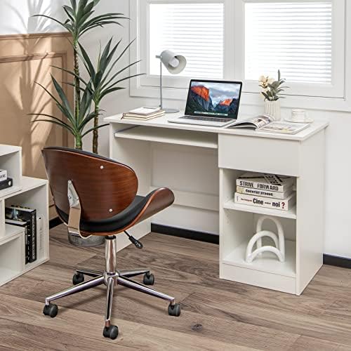 Computer Desk with Keyboard Tray and Drawer, Home Office Desk with Adjustable Shelves & Cable Hole, Modern Vanity Table for Bedroom, Teens Gaming Desk, Writing Study Workstation (White)
