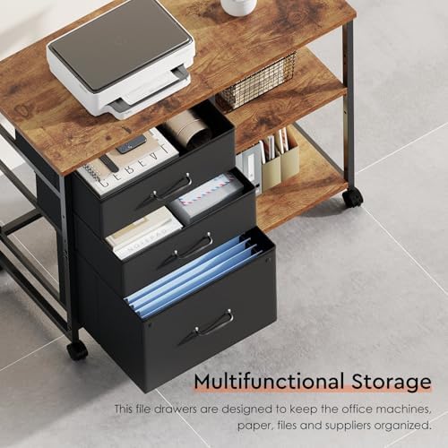 Maihail 3 Drawer File Cabinet with Wheels Rolling Printer Stand with Open Storage Shelf Fabric Lateral Filing Cabinet for Home Office,Rustic Brown