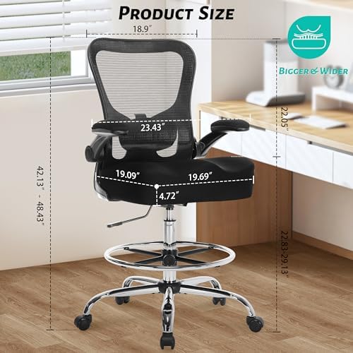 500LBS Ergonomic Drafting Chair Tall Office Chair for Counter Height or Standing Desk, Executive High Office Chairs with W-Shaped Thick Seat Cushion, Footrest Ring & Breathable Fabric, Black