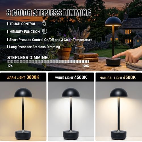 LED Cordless Table Lamp 5000mAh Rechargeable Battery Light Black