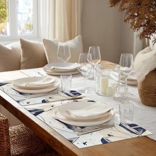 Shrahala Maritime Ocean Set of 6 12 X 18 Inch Linen Placemats, Boat Nautical Elements Burlap Table Mat Washable Double Layered Heat Insulation for Indoor/Outdoor