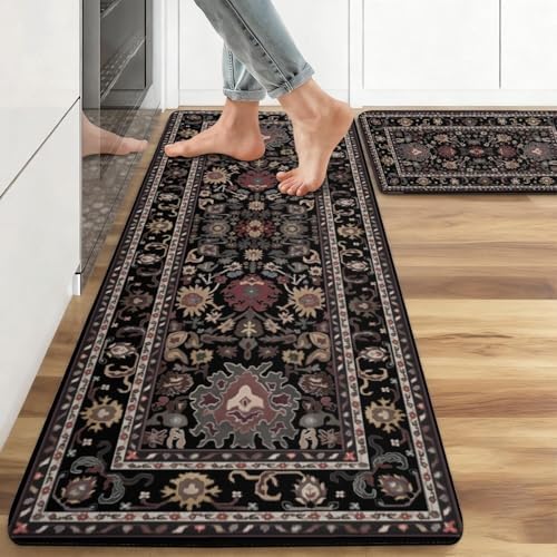 Boho Kitchen Mat, 2PCs, 17.3"x47"+17.3"x29", Black Multicolor