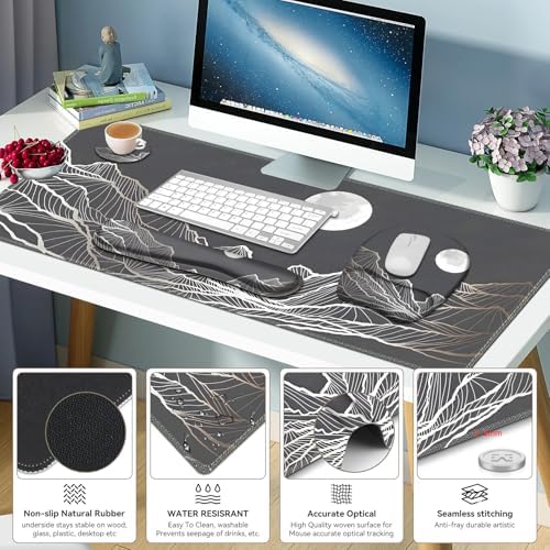 Large Mouse Pad, Keyboard Wrist Rest Set, Ergonomic Mouse Pad with Wrist Support, Desk Mat with Stitched Edges + Coaster, Extended Desk Pad Waterproof Desk Mat for Home Office Game I Moon and Valley