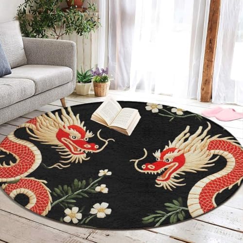 Soft Round Yoga Carpet, Large Home Decor Mat, Non-Slip Machine Washable Kitchen Office Circle Rug Compatible with Floral Chinese Japanese Dragon Flower
