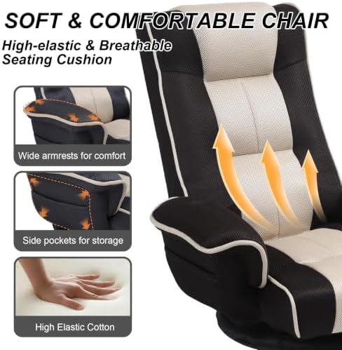 Swivel Floor Chair for Adults, 14-Position Adjustable Floor Gaming Chair with Back Support & Armrests, Foldable Lazy Sofa Lounge, Breathable Mesh for Gaming Reading Meditation (Black/Beige)