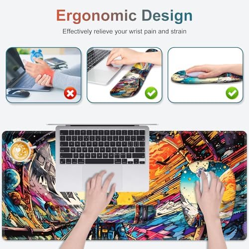 Large Anime Mouse Pad with Wrist Support 4 in1 Set, XXL Big Game Mousepad + Keyboard Wrist Rest+Mouse Wrist Rest Pad +Coaster Gaming Mat for Home Office Computer Boy Man I Strange Planet Space Scene
