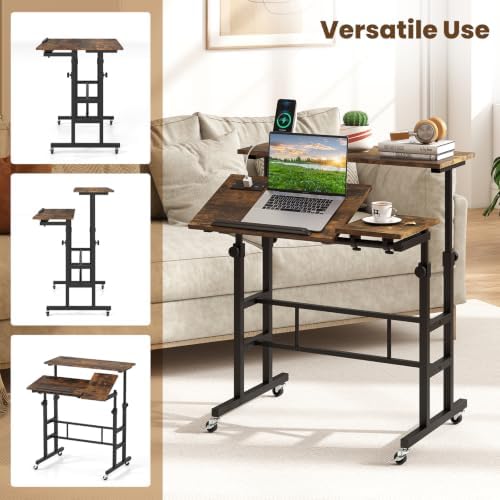 GIANTEX Mobile Standing Desk, Adjustable Rolling Computer Desk (Brown)