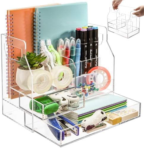 Cididu Acrylic Desk Organizer with 7 Compartments, Clear Desktop Storage with 2 Drawers for Office Supplies, Pen Holder, Stationery Caddy, Makeup Brushes, Transparent Organizer for Home School