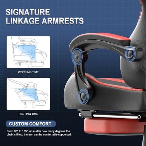 Huracan Gaming Chair with Footrest, Adjustable Ergonomic Computer Office Chair with Lumba Pillow, Video Game Computer Chairs for Adults, Racing Style Reclining Backrest Office Desk Chairs, Red