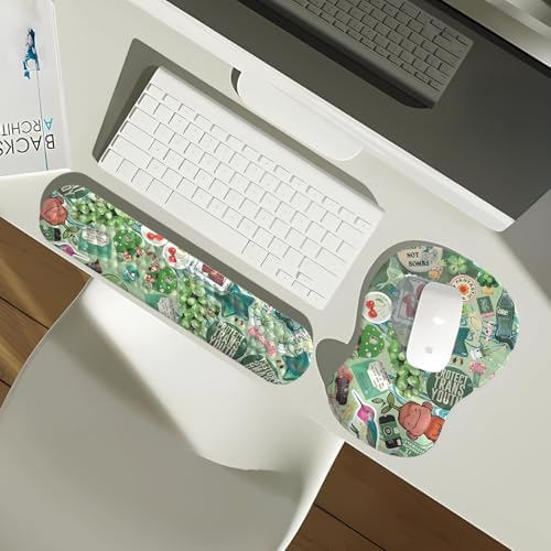 Mint Green Keyboard Wrist Rest Support Mouse Pad&Keyboard Set, Cute Green Ergonomic Mousepad Non-Slip Base Desk/Office Pain Relief&Easy Typing Pad with Neoprene Cloth&Raised Curved Memory Foam