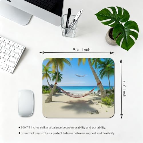 9.5x7.9 Inch Office/Gaming Mouse Pad, Tropical Vacation Beach Paradise Palm Tree Island Hammock, Cute Anti-Slip Mat for Desk Decor