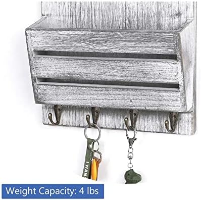 Wood Mail Organizer Wall Mount, Mail and Key Holder for Wall with Hooks, Wall Hanging File Letter Notebooks Storage Rack Decorative for Office or Home