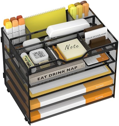 5 Tier Paper Letter Tray Desk Organizer with Pen Holders - Black
