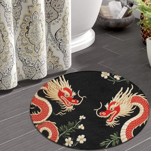 Soft Round Yoga Carpet, Large Home Decor Mat, Non-Slip Machine Washable Kitchen Office Circle Rug Compatible with Floral Chinese Japanese Dragon Flower